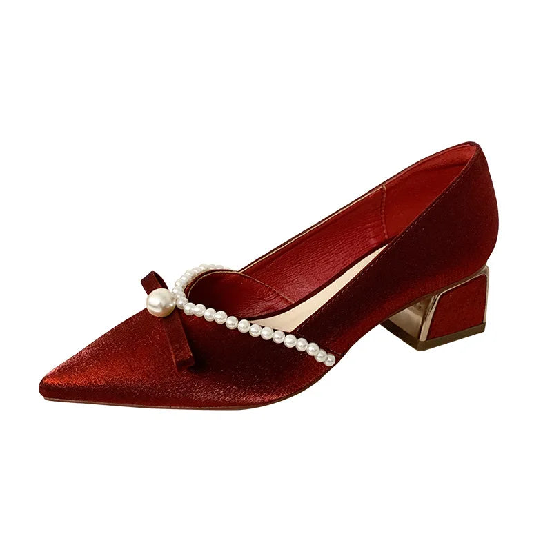 Spring New Pointed Toe Thick Heel Women's French Pearl Bow Single Shoes Medium Heel Daily Versatile