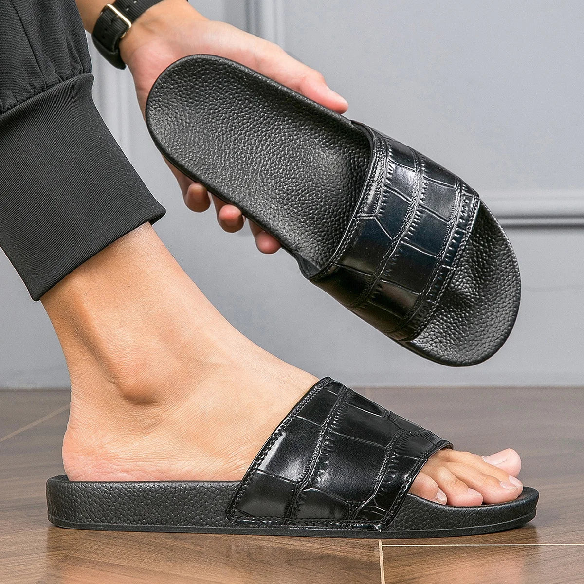 Happyslide Summer Flip Flop Slides for Men Black Pool/Beach Slippers with Canvas Upper and Cushioning Feature