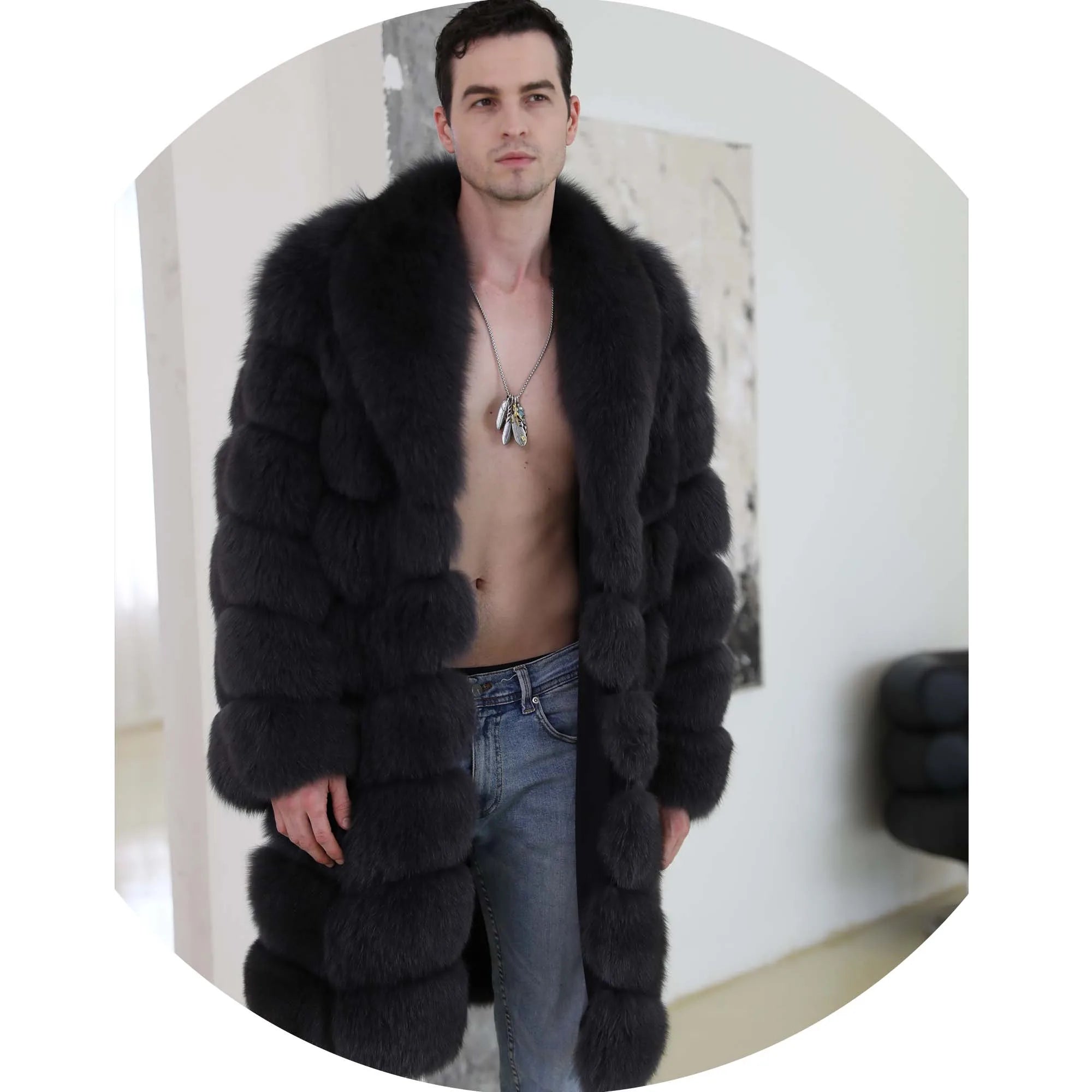 OEM Big Size Men Fur Jacket Thick Warm Long Real Finland Fox Fur Coat