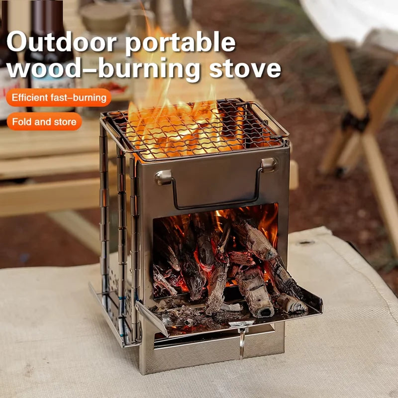 Foldable Stainless Steel Firewood Stove BBQ Grills Charcoal Starter Outdoor Wood Stove for BBQ Camping Picnic Fishing