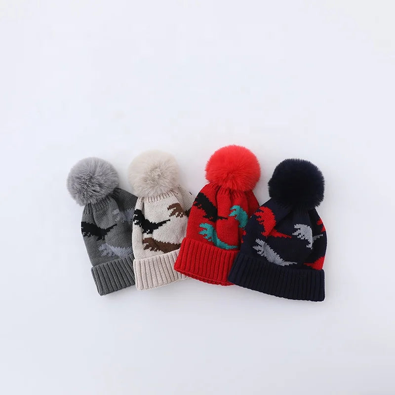 Landfond Winter Warm Digital Printing Jacquard Common Dinosaur Pattern Knitted Pompom Beanie for Babies-Unisex Beach Travel Use