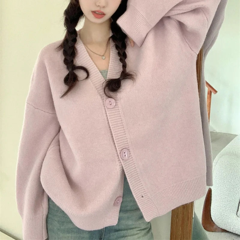 Women's Casual Autumn Winter Long-Sleeved Knit Sweater with Solid Color French V-Neck Cardigan with Loose Buttons Top Knitwear