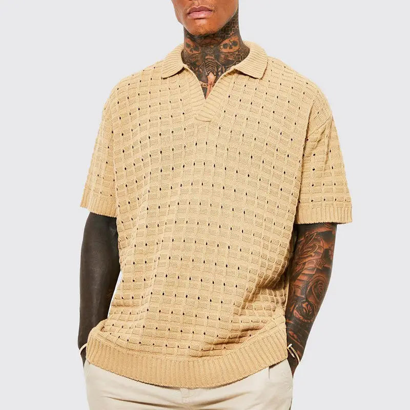 Summer Custom Loose POLO Shirt Crochet Hollow Knitting Short Sleeved Casual Oversized T Shirt V Neck Plus Size Men's Sweater