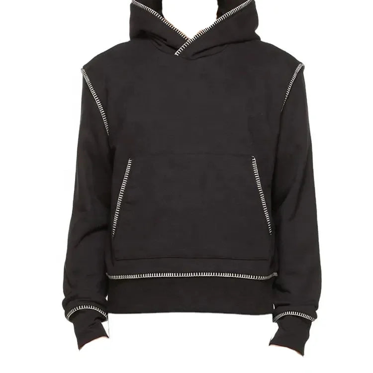 Custom Logo Streetwear Cross Neck Reversed Inside Contrast Stitching Cross-over Collar Stringless Hoodie