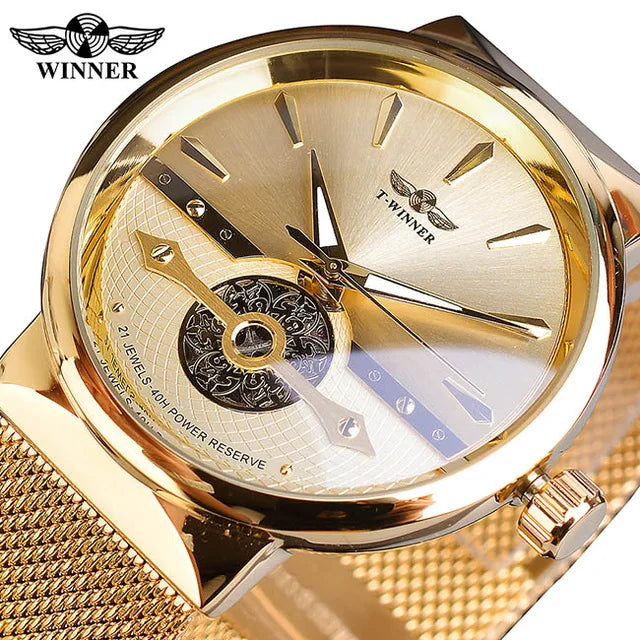 Winner Golden Watches Fashion Automatic Business Watch Skeleton Analog Steel Self-Wind Mechanical Watch Men Wrist Reloj Hombre