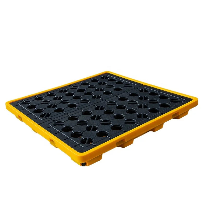 LEADLOONG Single Faced Platform Style-Four Oil Drum Leak-proof Plastic Pallets 1300*1300*150mm 2-Way Entry for Chemical Plant