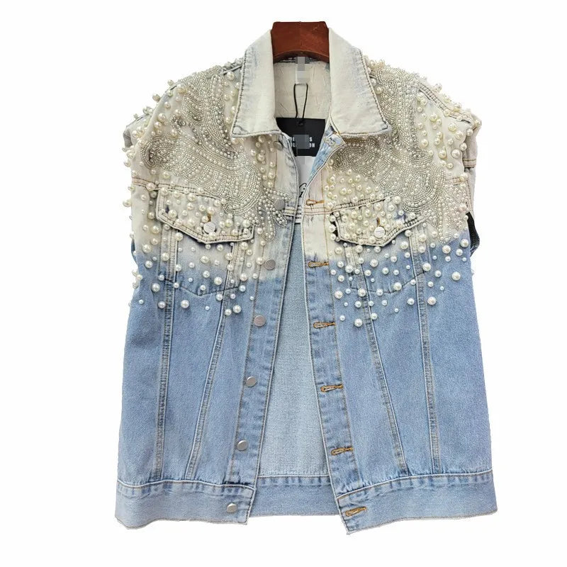 Wholesale of 2026 Spring Wear New Heavy Industry Diamond Studded Beads Loose and Slim Washed Denim Women's Vest