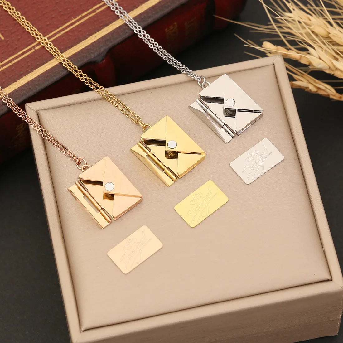 Nabest Stainless Steel PVD Envelope Locket Necklace Trendy Letter Pull Photo Pendant Link Chain Love You Message for Couples