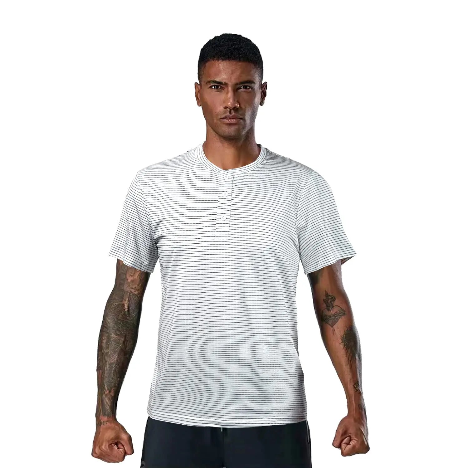 Men Stripe Henley Golf Shirts Quick Dry Blade Collar Breathable Soft Athletic Casual Daily Collarless T-Shirts