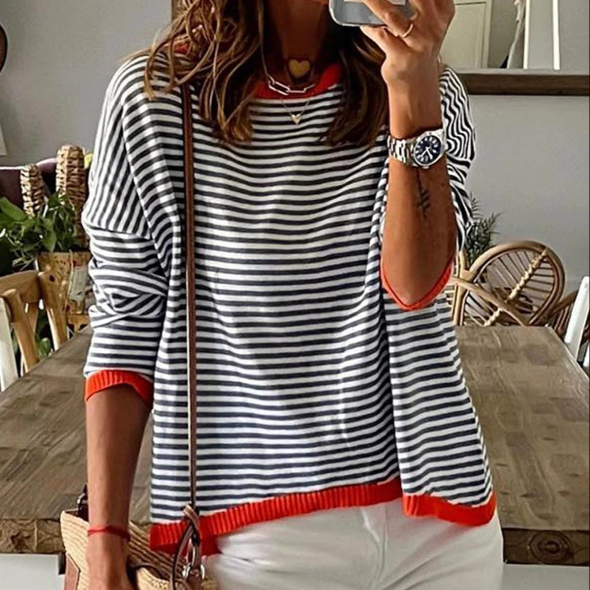 S-XXL New Knitted Round Neck Sweater Casual Fashion Stripe Contrast Design Shoulder Drop Long Sleeve Top