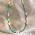 Bohemian Freshwater Pearl Bead Chain Necklace Gold Stainless Steel Blue Stone Beaded Choker Necklace for Women Girls