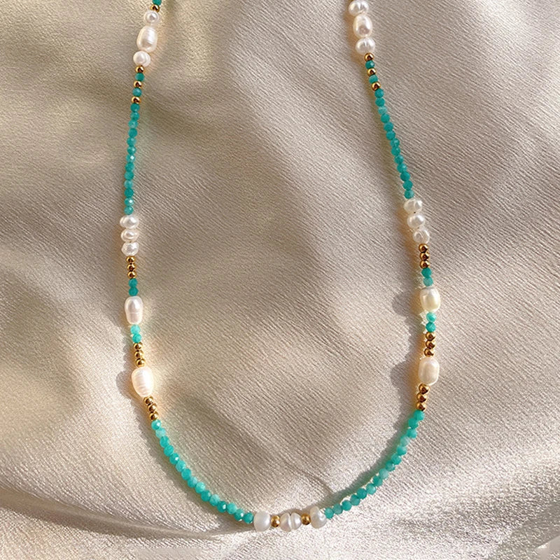Bohemian Freshwater Pearl Bead Chain Necklace Gold Stainless Steel Blue Stone Beaded Choker Necklace for Women Girls