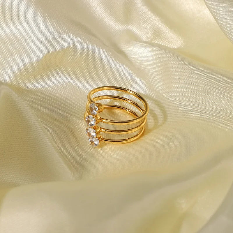 Stainless Steel Rings Women Fashion Jewelry 3 Layered 18k Gold Plated Opening Adjustable White Cubic Zircon Rings