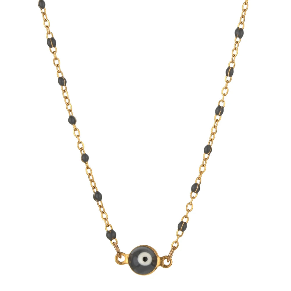 Turkish Evil Eye Thin Stainless Steel Pendant Necklace with Link Chain Religious Design for Wedding & Anniversary