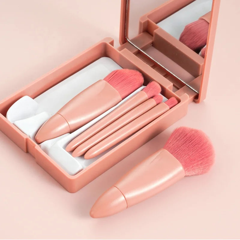 Custom Logo Private Label Wholesale Travel Pink Makeup Brush Set 5pcs Mini Complete Function Cosmetic Brushes Kit with Mirror