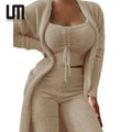 Liu Ming Oem Odm Winter Women Clothing New Product Fur 3 Piece Outfits Crop Tops High Waist Pants Coats Set