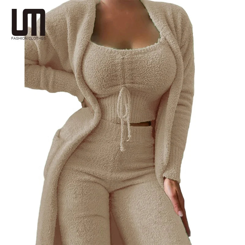 Liu Ming Oem Odm Winter Women Clothing New Product Fur 3 Piece Outfits Crop Tops High Waist Pants Coats Set