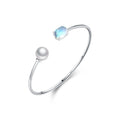 Stylish and Elegant Pearl Bangle S925 Sterling Silver Rhodium Plated Fine Jewelry Moonstone Open Adjustable Bracelet