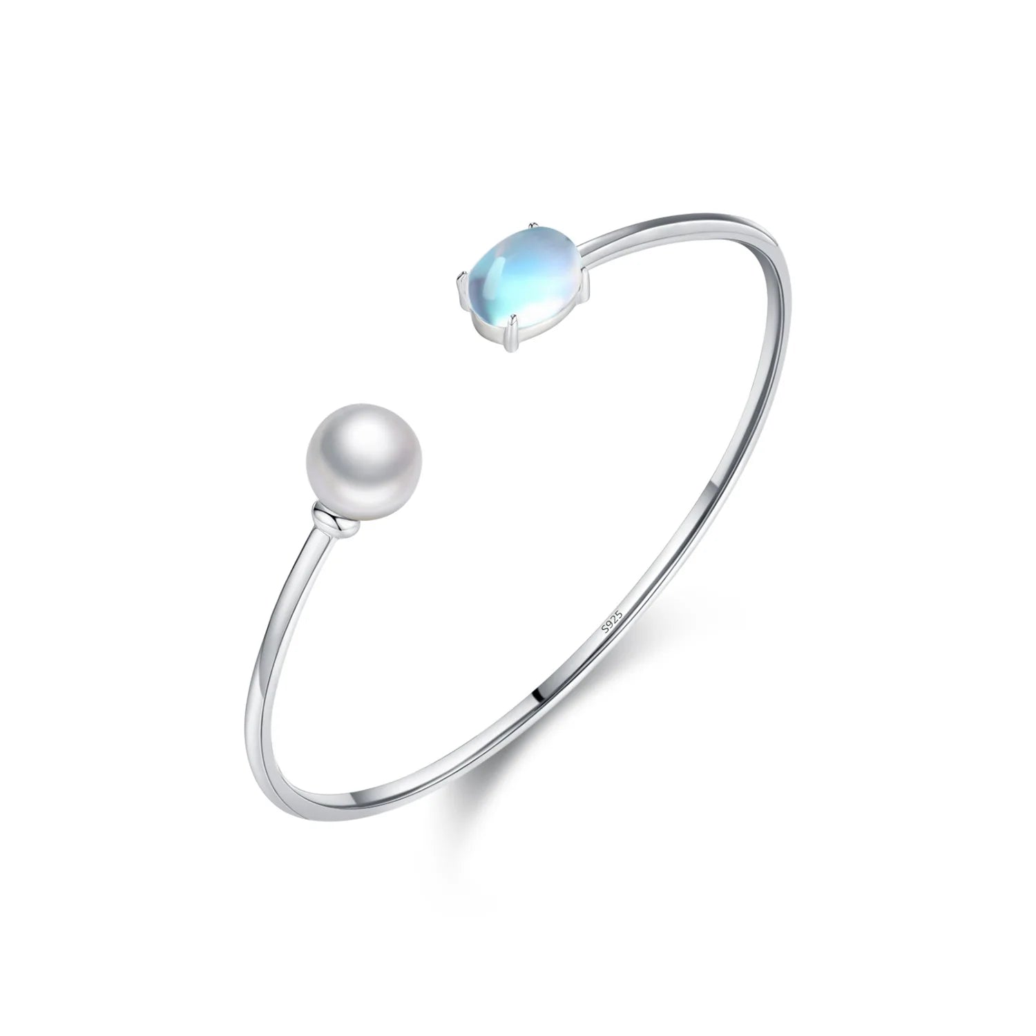 Stylish and Elegant Pearl Bangle S925 Sterling Silver Rhodium Plated Fine Jewelry Moonstone Open Adjustable Bracelet