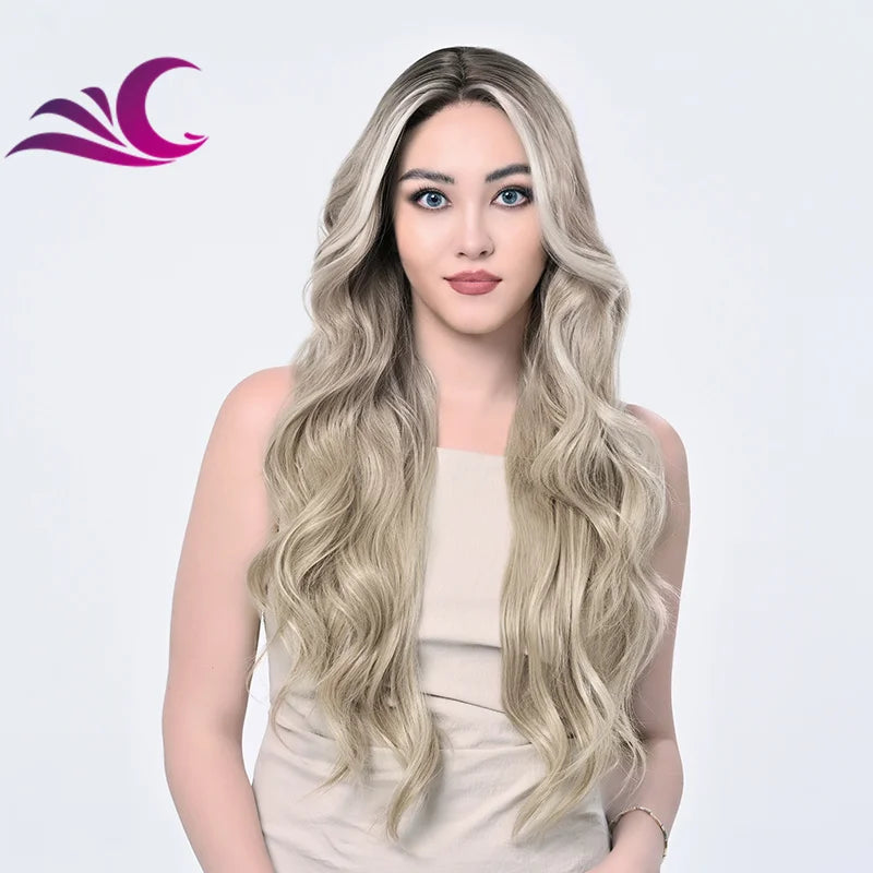 Super Natural Mixed Blonde Highlight Wigs Dark Root Heat Friendly Pre-plucked Synthetic Lace Front Wigs for Women