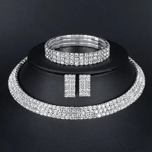 JLN4528 European and American Jewelry Set Multi Rows Rhinestones Choker Necklace Earrings Bracelet Set for Wedding