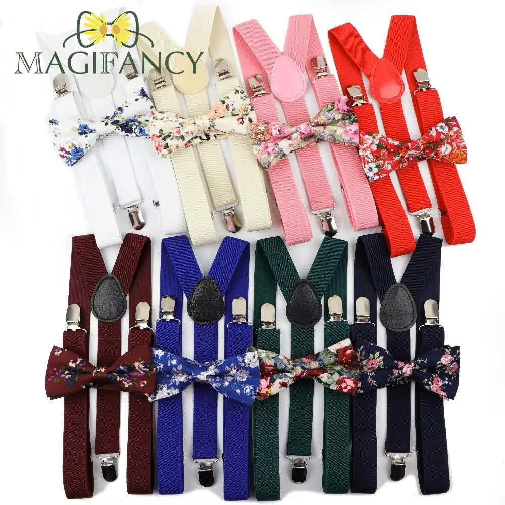 Floral Bowtie Braces Set Spring Mens Soild Suspenders Unique Y-Back Cotton Butterfly Belt Bow Tie Adjustable Accessory Special