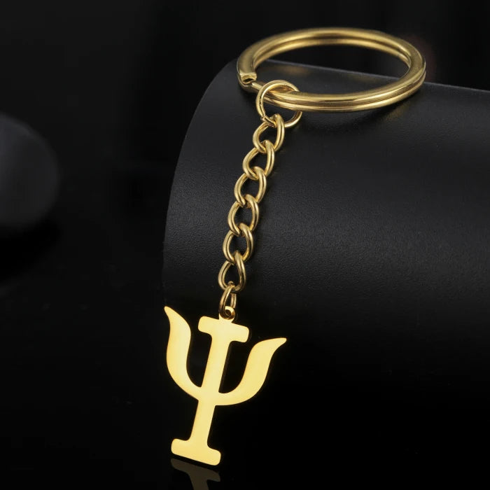 100% Stainless Steel Cheap Wholesale Custom Vintage Waterproof Carabiner Psychology Symbol Greek Letter 'psi' Keychain for Men