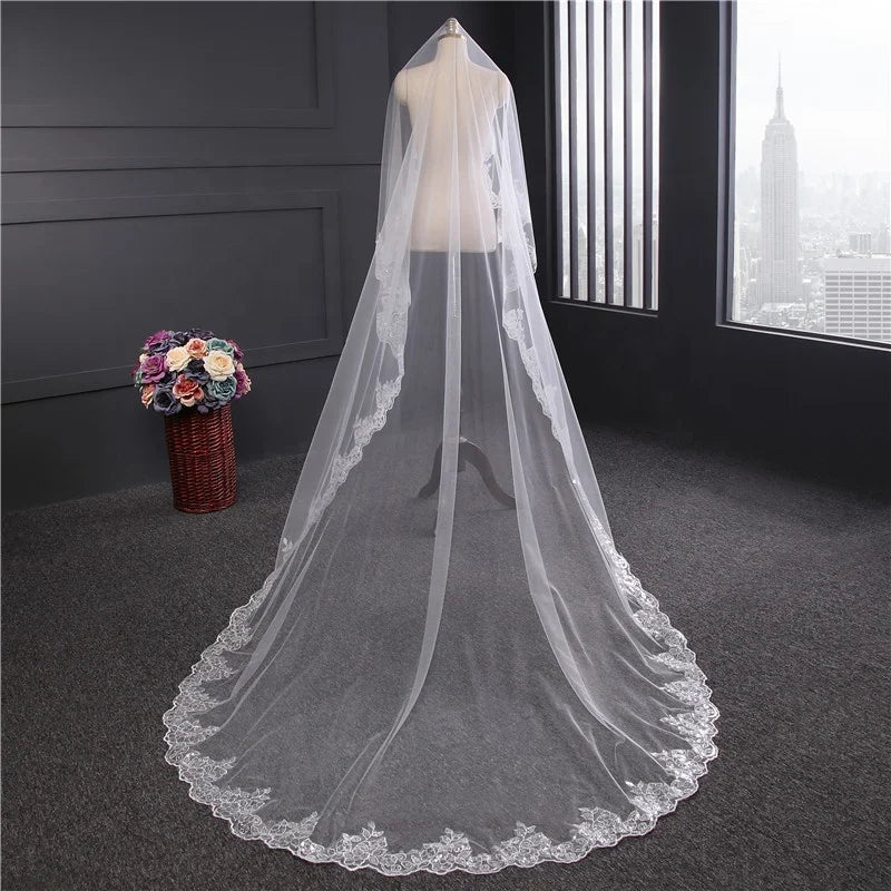 New Lace Bridal Veil 3m Long Chapel Tail Wedding Veil Romantic Sequin Lace Veil