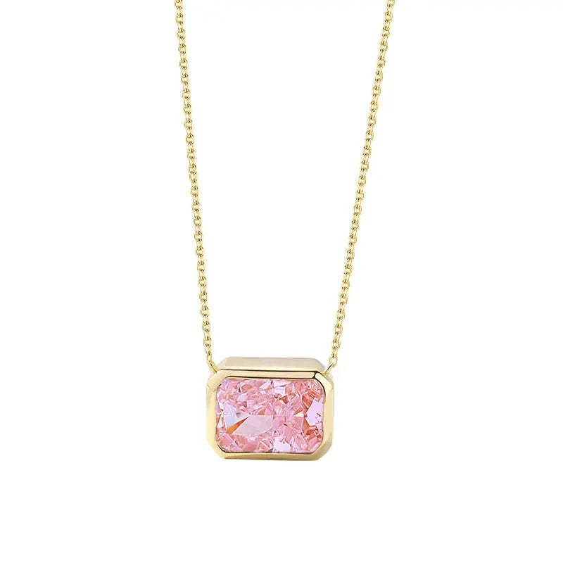 Fast Delivery 18K Gold Plated Fashion Pink Ice Flower Cut Baguette Shaped 925 Sterling Silver Pendant Necklace Jewelry