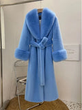 INS Same Style Winter Autumn Plush Overcoat Mink V-neck Lantern Sleeve Faux Fur Women's Anti-Wrinkle Thick