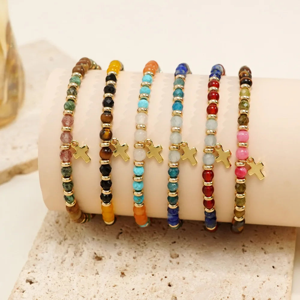 European American Gothic Cross Bracelet for Women Hand-Woven Beaded Jewelry Natural Semi-Precious Stones Bohemian Anniversaries