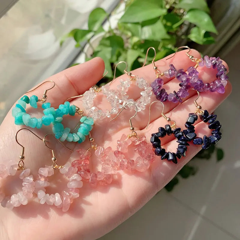 Boho Irregular Crystal Natural Stone Earring/Gravel Chip Stone Beaded Big Circle Hoop Drop Hook Earring for Women Girls