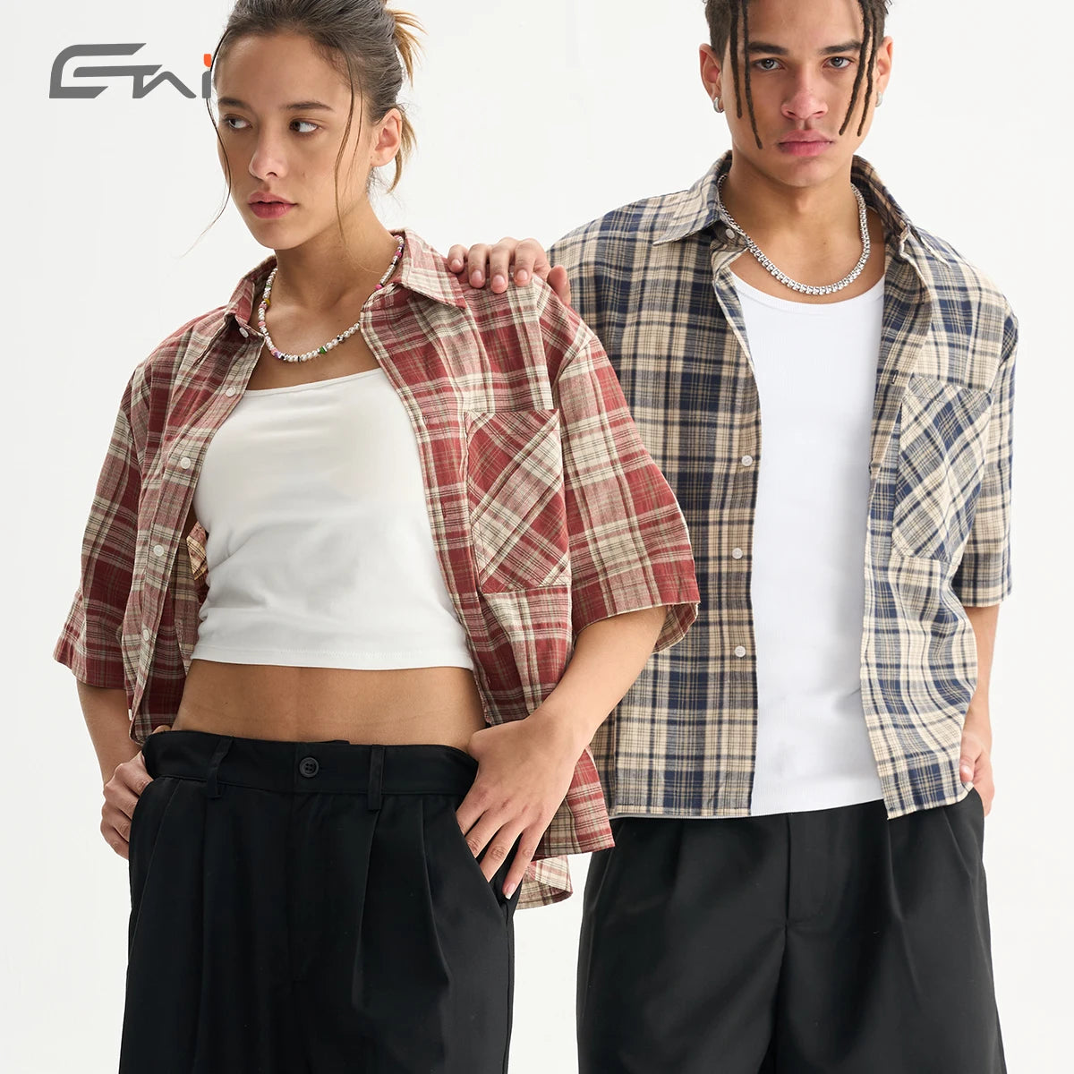 Classic Blue Cropped Check Shirt Chest Pocket Button up Front Short Sleeve Business Wrinkle Resistant Shirt