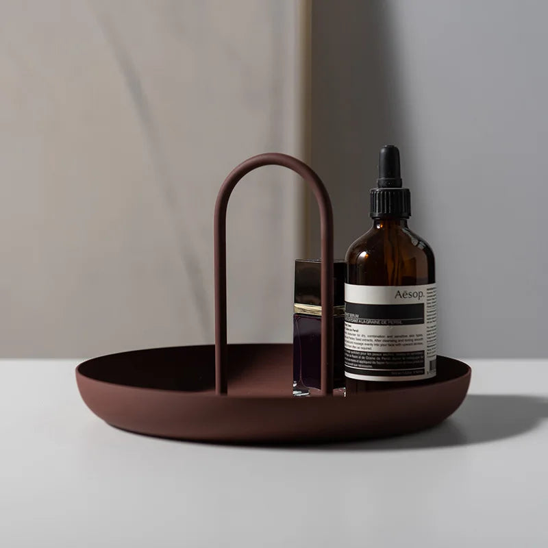 Modern Nordic round Metal Jewelry Organizer Tray with Handle for Living Room or Bedroom Decorative Storage
