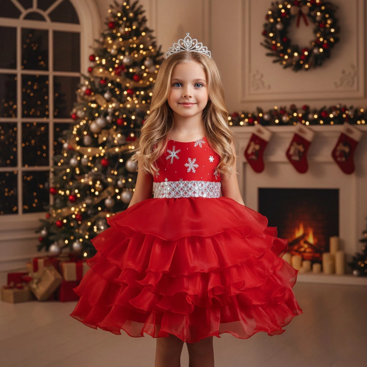 European Style Sparkling Fluffy Princess Evening Dress for Girl 2-10 Year Red Party Dresses for Prom Elegant Kid Birthday Dress