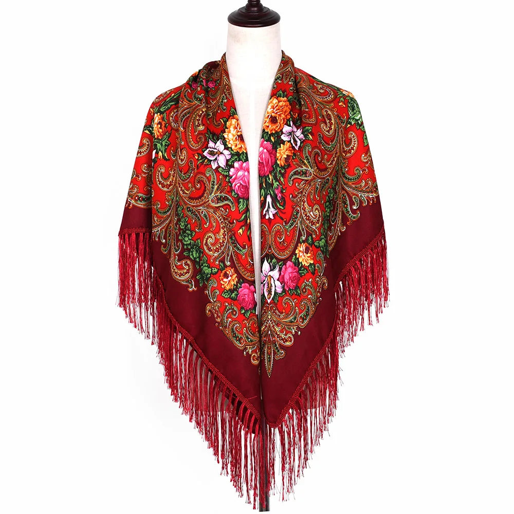 Authentic Russian Pavlovo Posad Shawl Scarf Cotton Fringe Wrap for Autumn Square Style