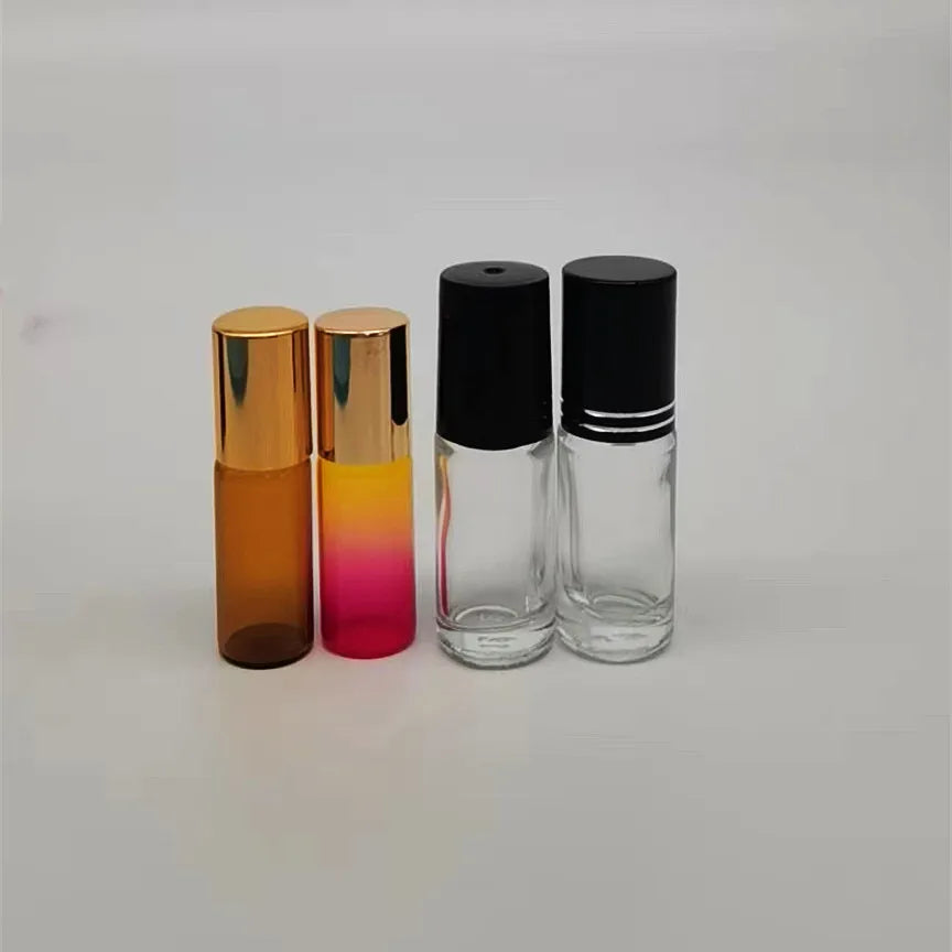 Free Sample 5ml 10ml Brown Amber Stainless Steel Roller Ball Essential Oil Bottle Clear Round Lip Oil Glass Bottle