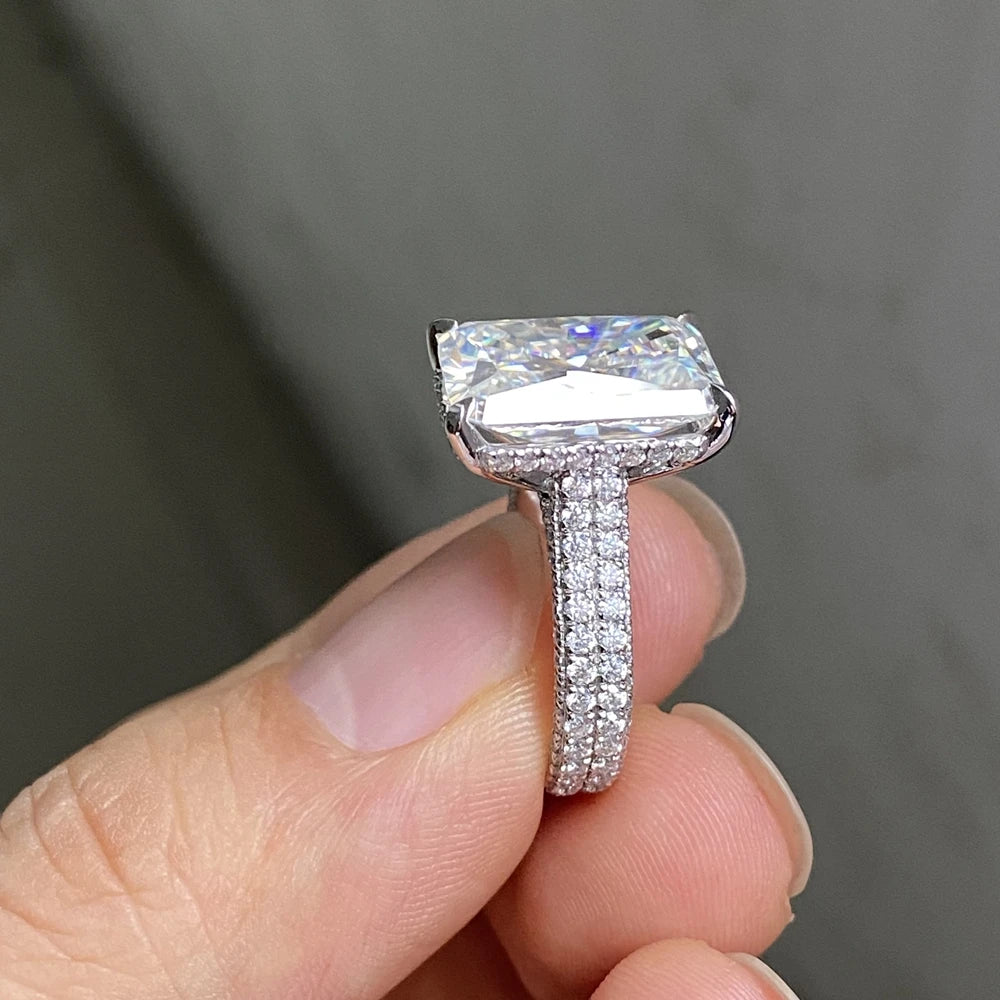 New Design 18K Solid White Gold 8cts Radiant Cut White D VVS1 Lab Moissanite Diamond Women's Engagement Wedding Ring