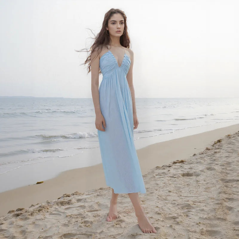 Textured Fabric Deep V Neck Ruffle Trim Spaghetti Strap Waist Cinched Slimming Elegant Sexy Dress for Beach Vacation Outfits
