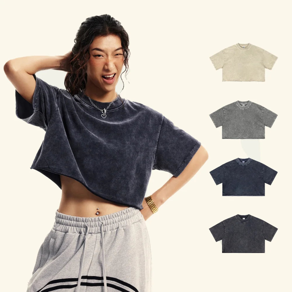 New Arrival Custom Printing Cotton Vintage Lose Fitting Crop Top T Shirts Women Washed Brushed Cropped Tee Tshirt