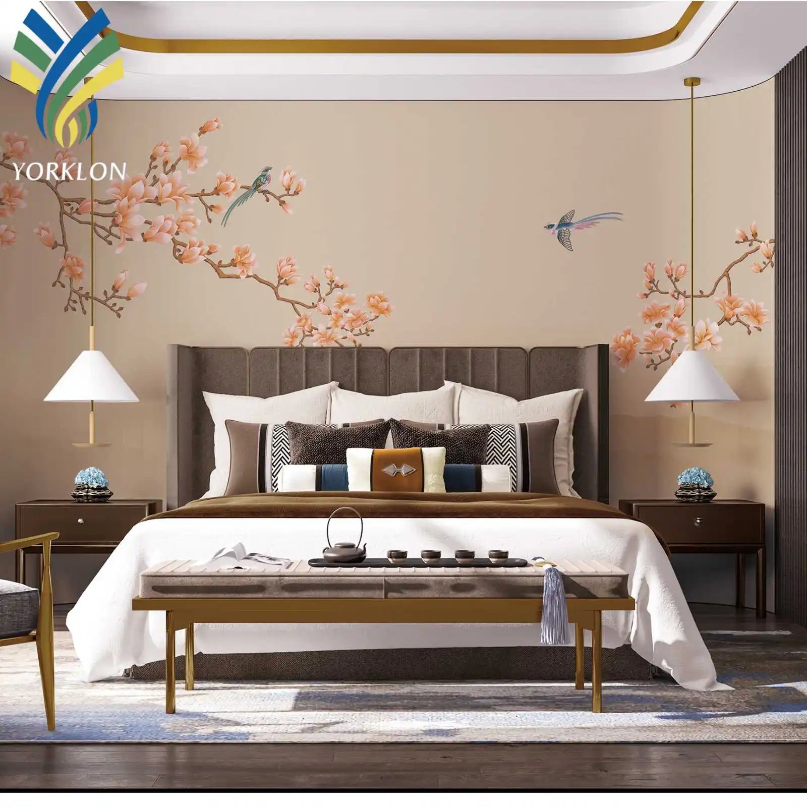 Custom 3D Chinese Floral Wall Murals Modern Gold Chinoiserie Landscape Silk Wallpaper for Home Decor Waterproof 1-Year Warranty