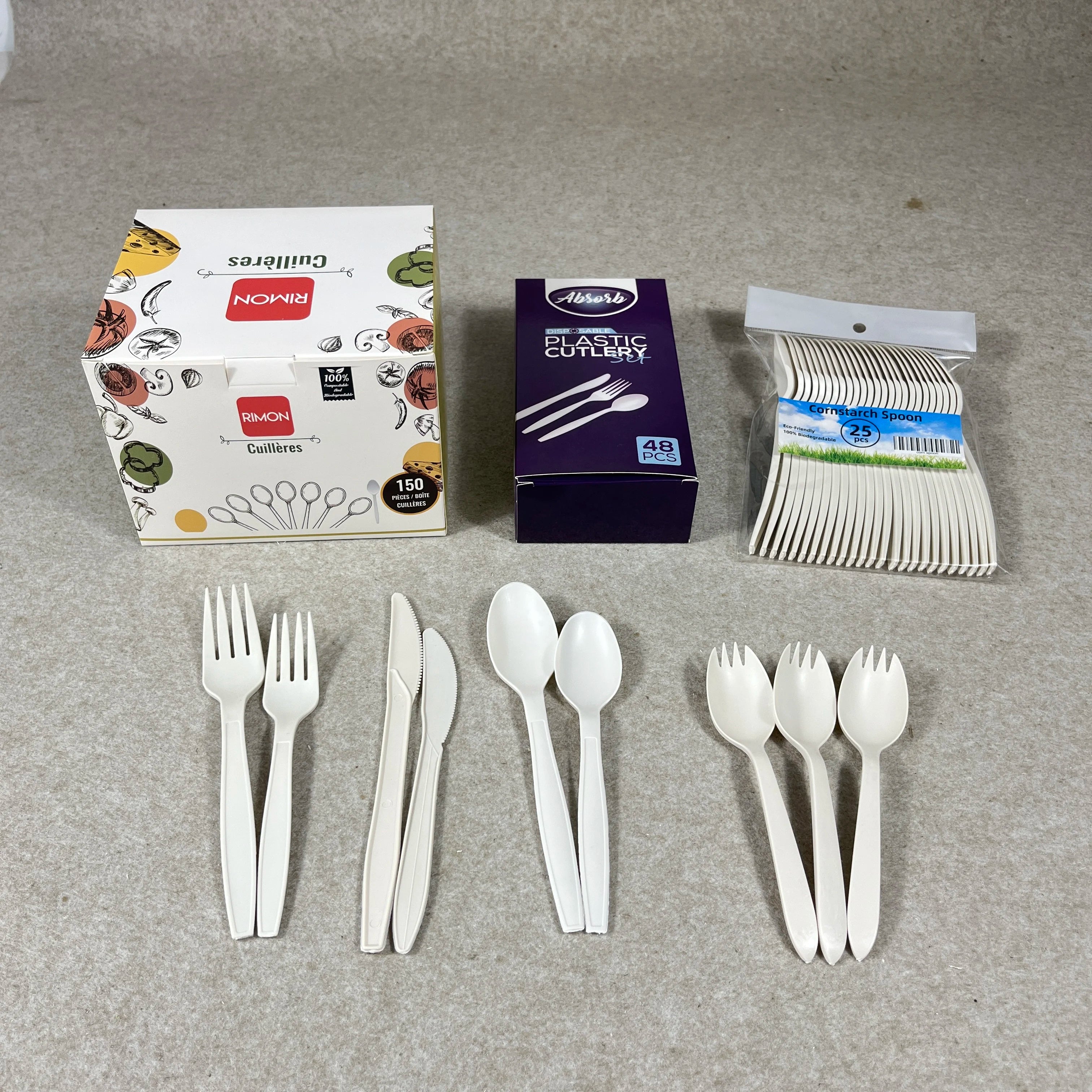 Eco-Friendly Compostable CPLA White 7 Inch Disposable Cutlery Set Knife Fork Spoon Spork with OEM Retail Packing