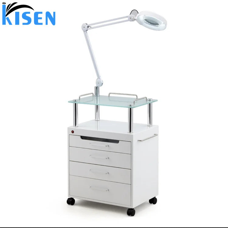 Kisen Hot Sale Beauty and Hair Spa Salon Furniture White Trolley Carbient Cart Multifunction Trolleys with LED Lamp Lighting