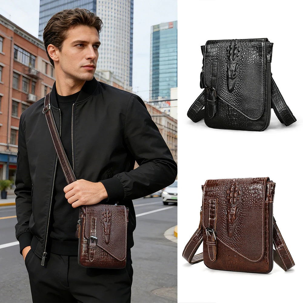 MARRANT Men's Crocodile Pattern Small Genuine Leather Phone Waist Belt Pouch Bag Fanny Pack Leather Shoulder Bag Men