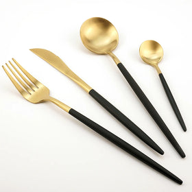 Portugal Black Gold Flatware Fork and Spoon Set Korean Wedding Kitchen Cutlery Stainless Steel 4 Piece Silverware