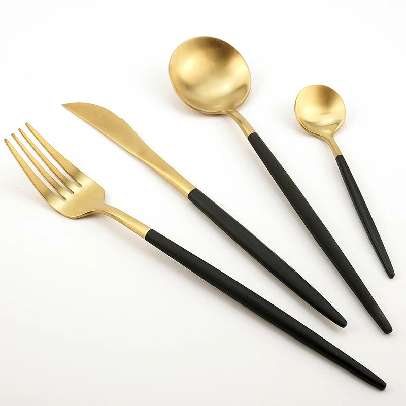 Portugal Black Gold Flatware Fork and Spoon Set Korean Wedding Kitchen Cutlery Stainless Steel 4 Piece Silverware