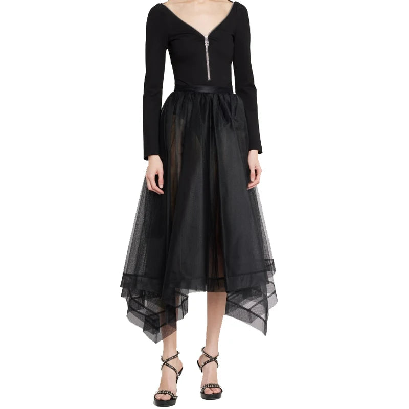 Custom High Waist Black Vintage Multi-layer Elastic Waist Maxi Tulle Skirt Organza Asymmetric Layered Skirt