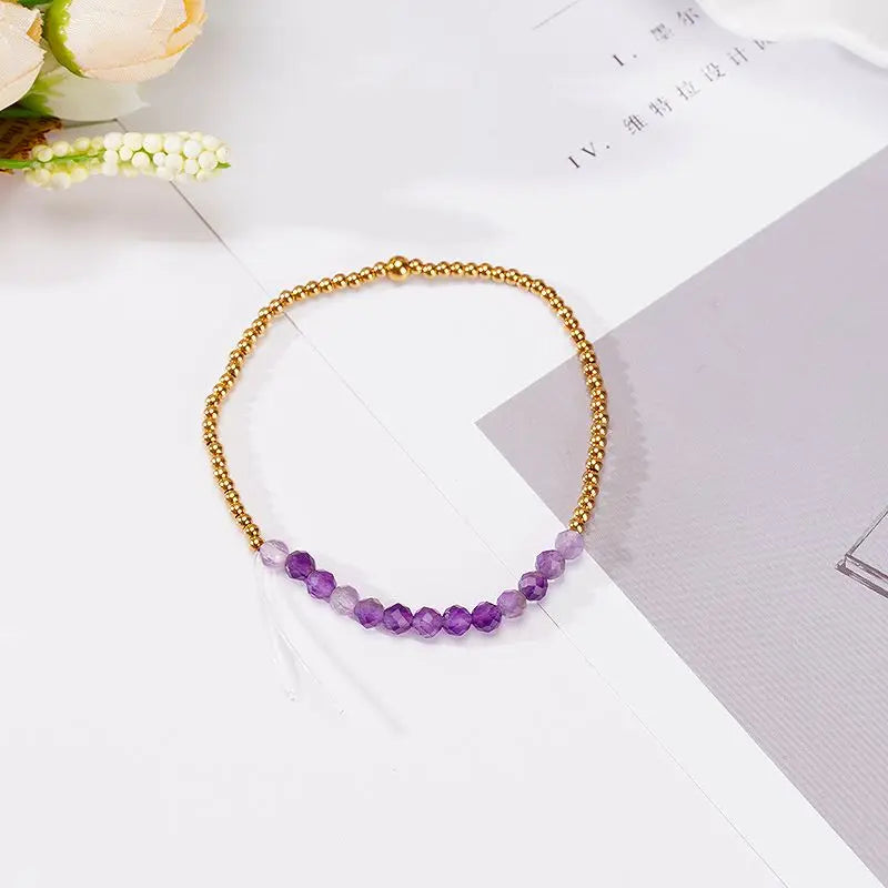 2mm Stainless Steel Gold Bead Natural Stone Amethyst Bracelet S294