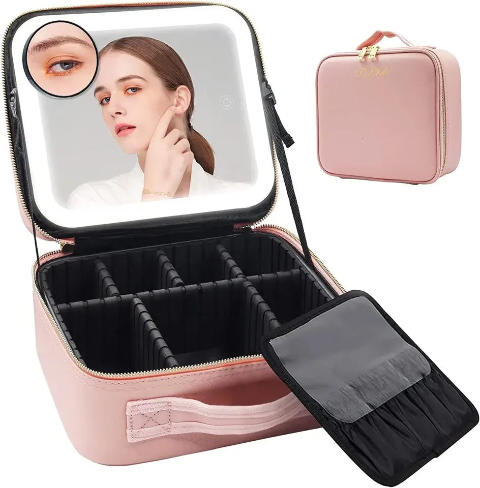 Custom Printed Fashion Cosmetic Waterproof Makeup Brush Bag With Led Light Mirror