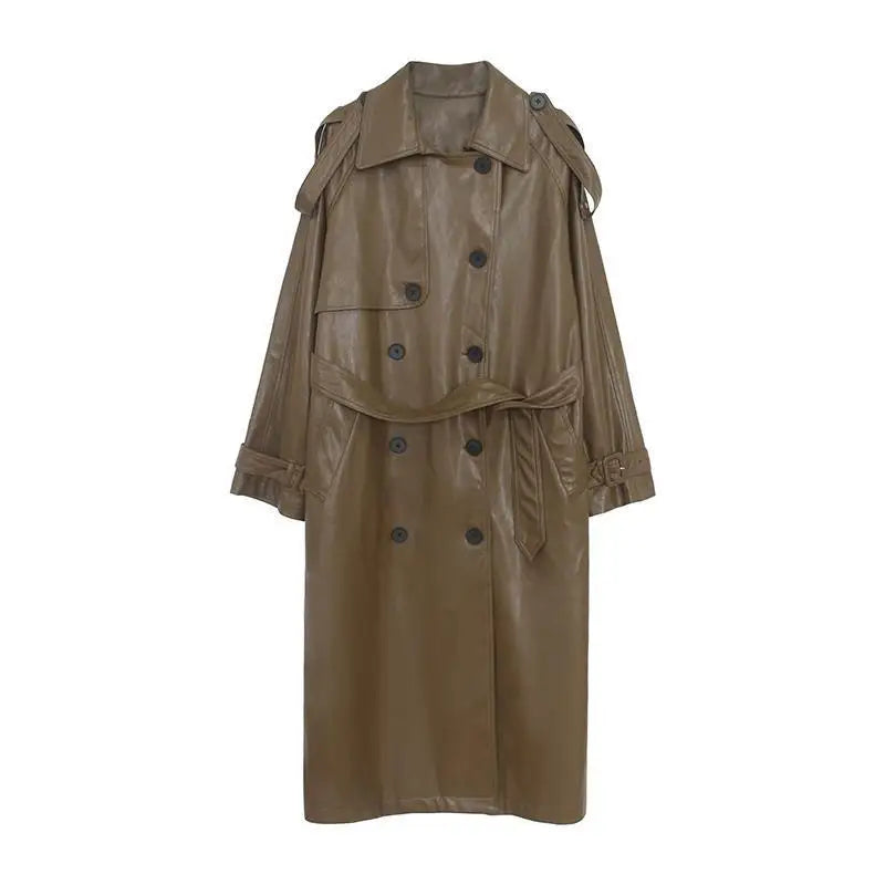 S-XL Spring and Autumn New Vintage Motorcycle PU Leather Coat Women's Mid Length Waistband PU Coat